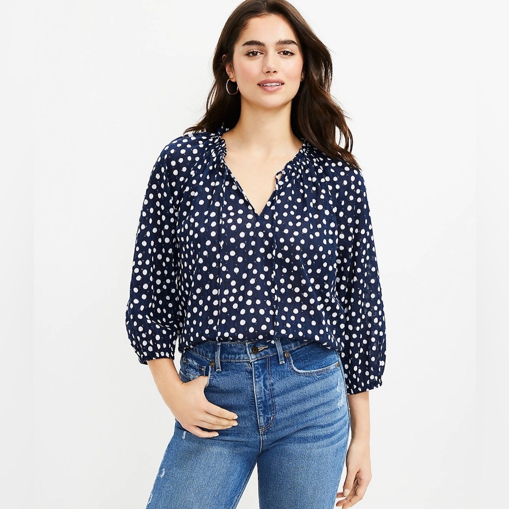 Size S LOFT Dotted Tie Neck 100% Cotton Blouse in Navy
